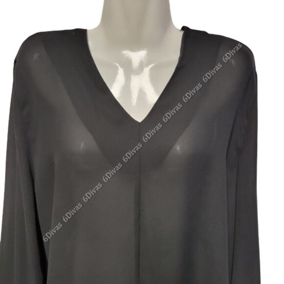 Black Long Sleeve V NeckLight Thin Blouse Top Size L - Picture 4 of 8